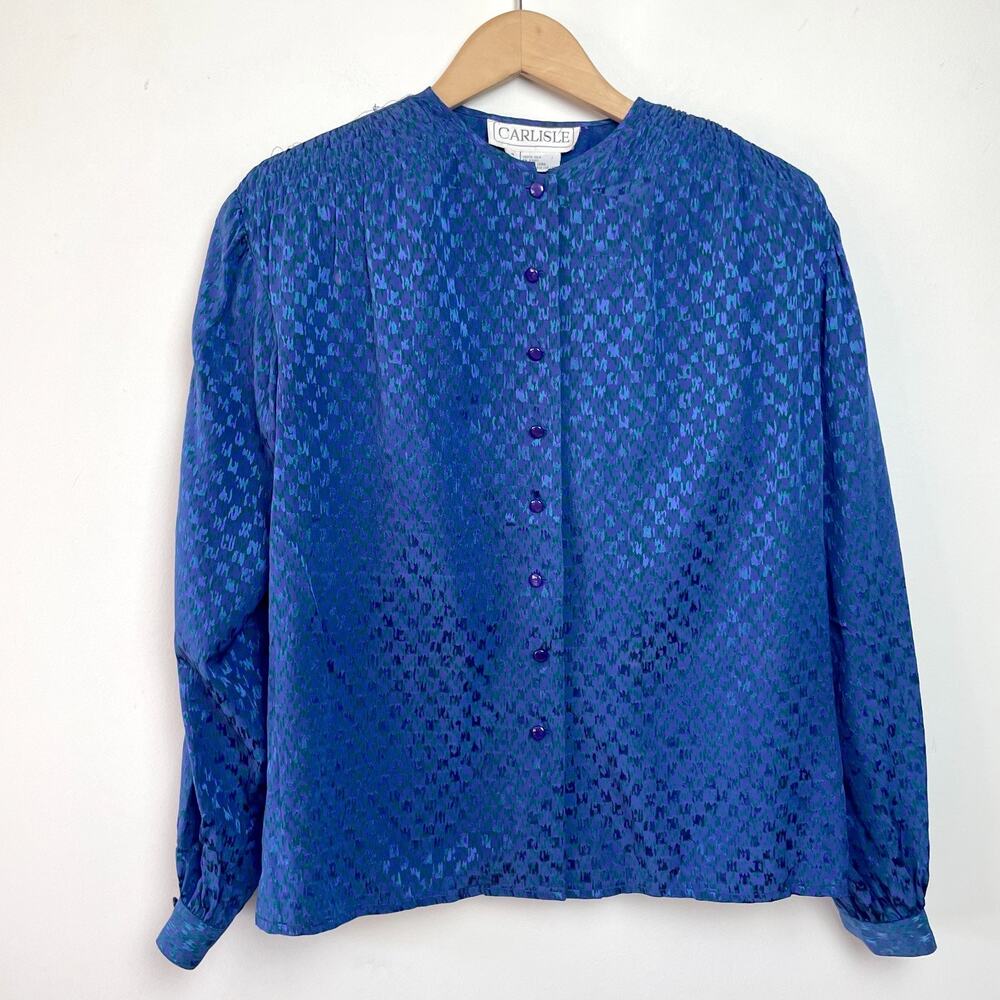 Vintage 80s 90s Silk Button Up Blouse Top Large Cobalt Secretary Retro Office